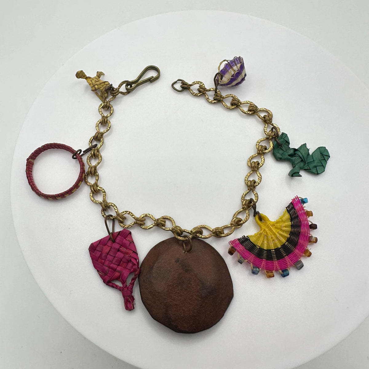 Antique vintage gold gilt handmade woven straw hand painted charms bracelet