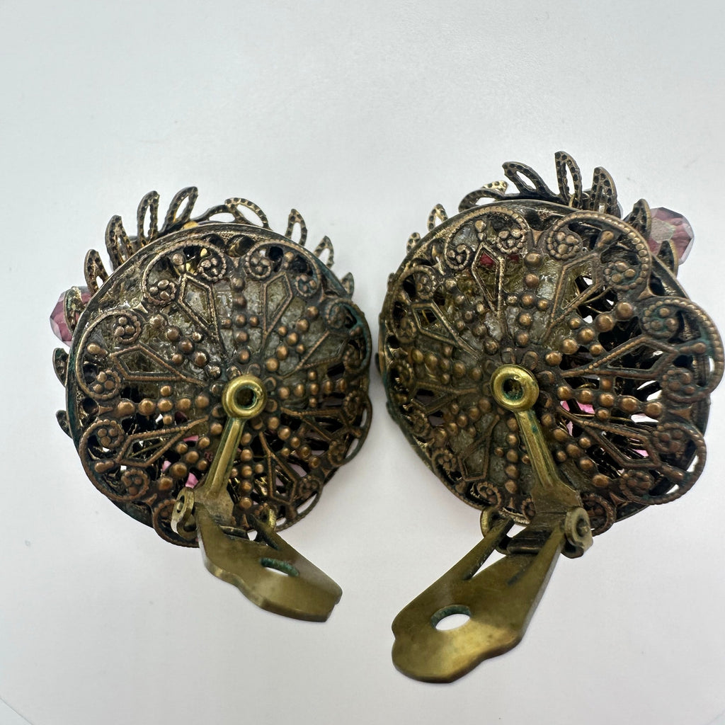 1950s vintage gold tone filigree art glass beads AB rhinestones clip on earrings