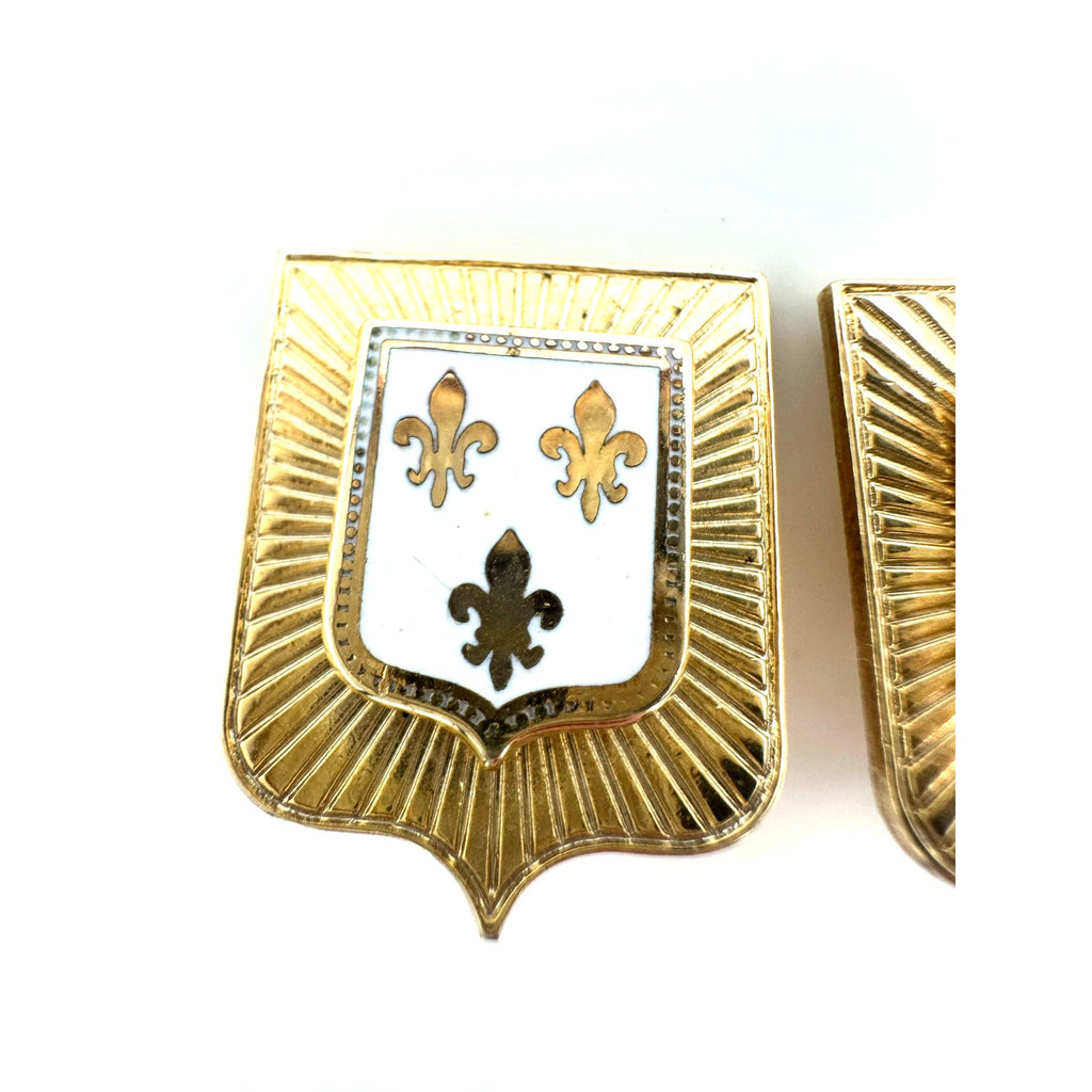 Vintage gold tone white enamel Heraldic shield fleur de lis clip on earrings