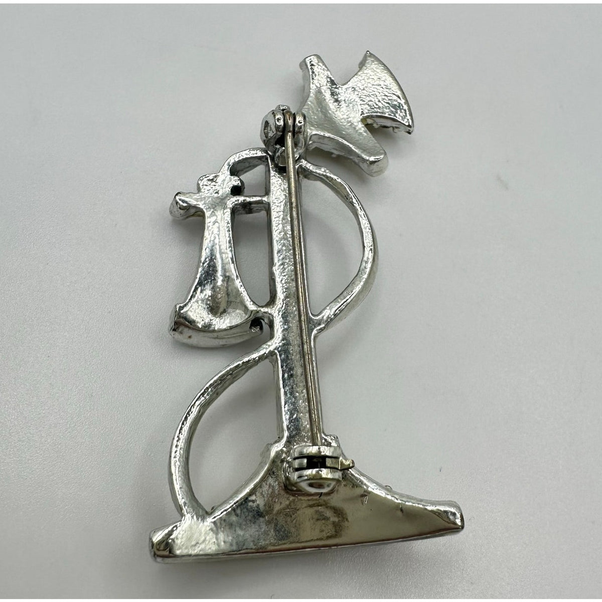 Vintage retro silver tone rhodium plated clear rhinestones telephone brooch