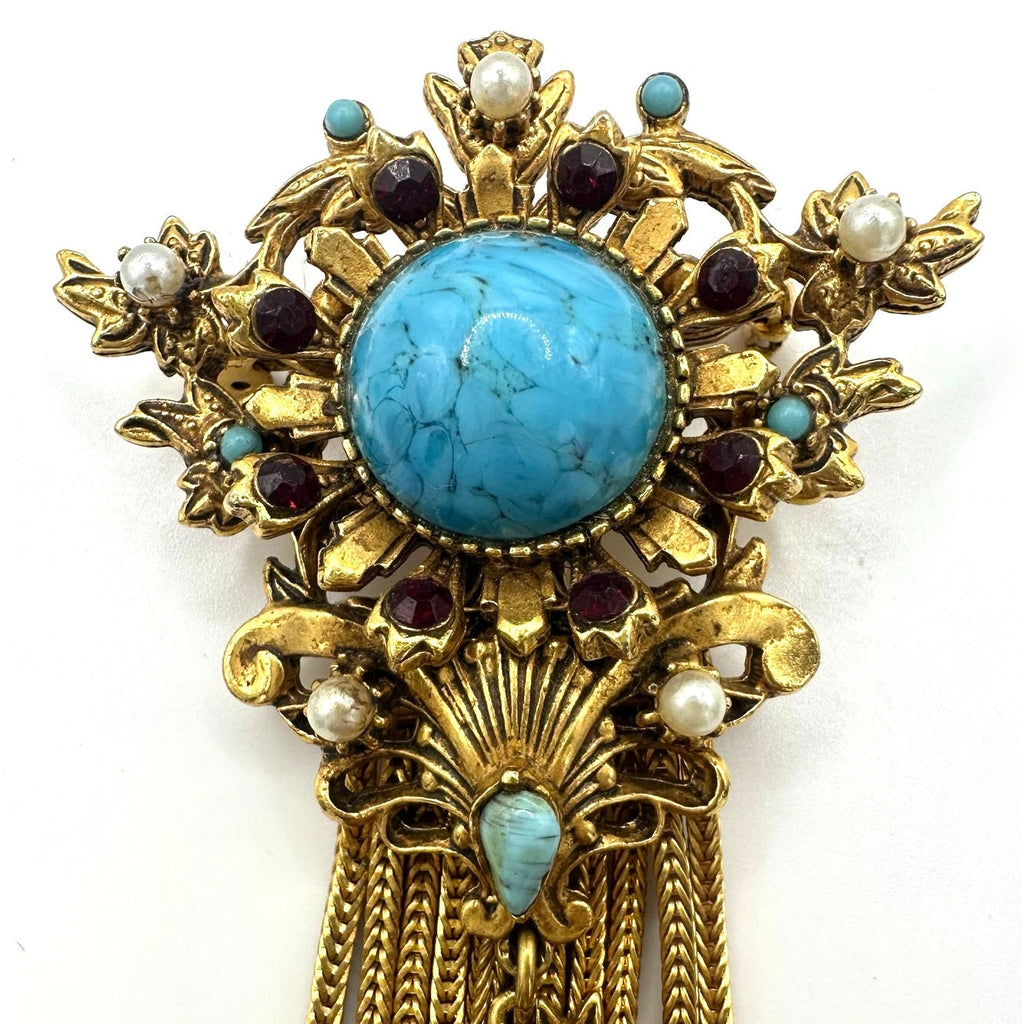 Florenza Victorian Revival gold tone fringe rhinestones art glass brooch pendant