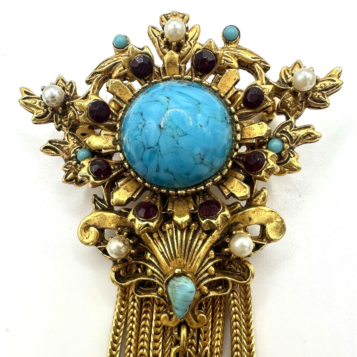 Florenza Victorian Revival gold tone fringe rhinestones art glass brooch pendant