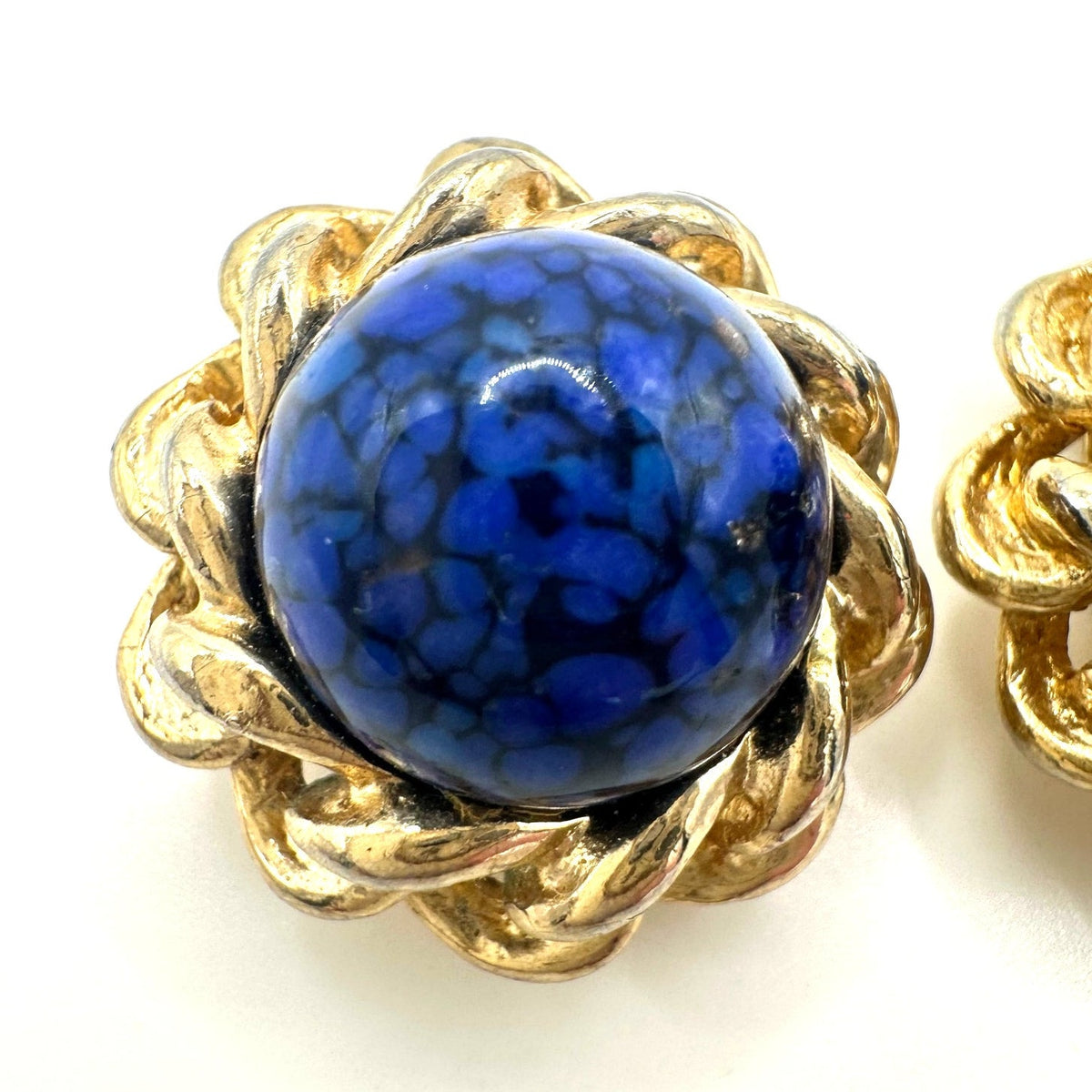 Gay Boyer  vintage gold tone blue art glass cabochon clip on earrings