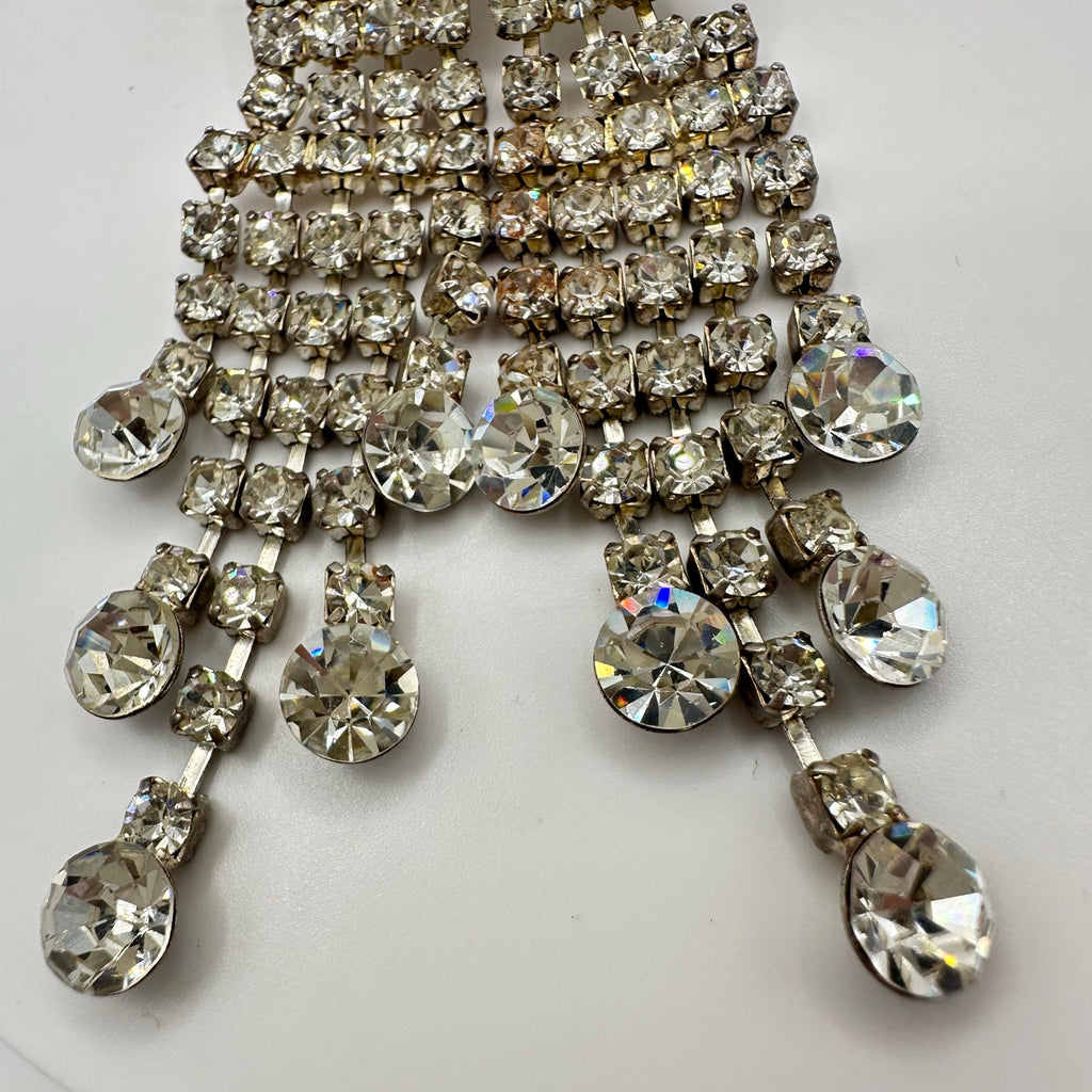 Vintage silver tone clear rhinestones 5 strands fringe 4" drop post earrings