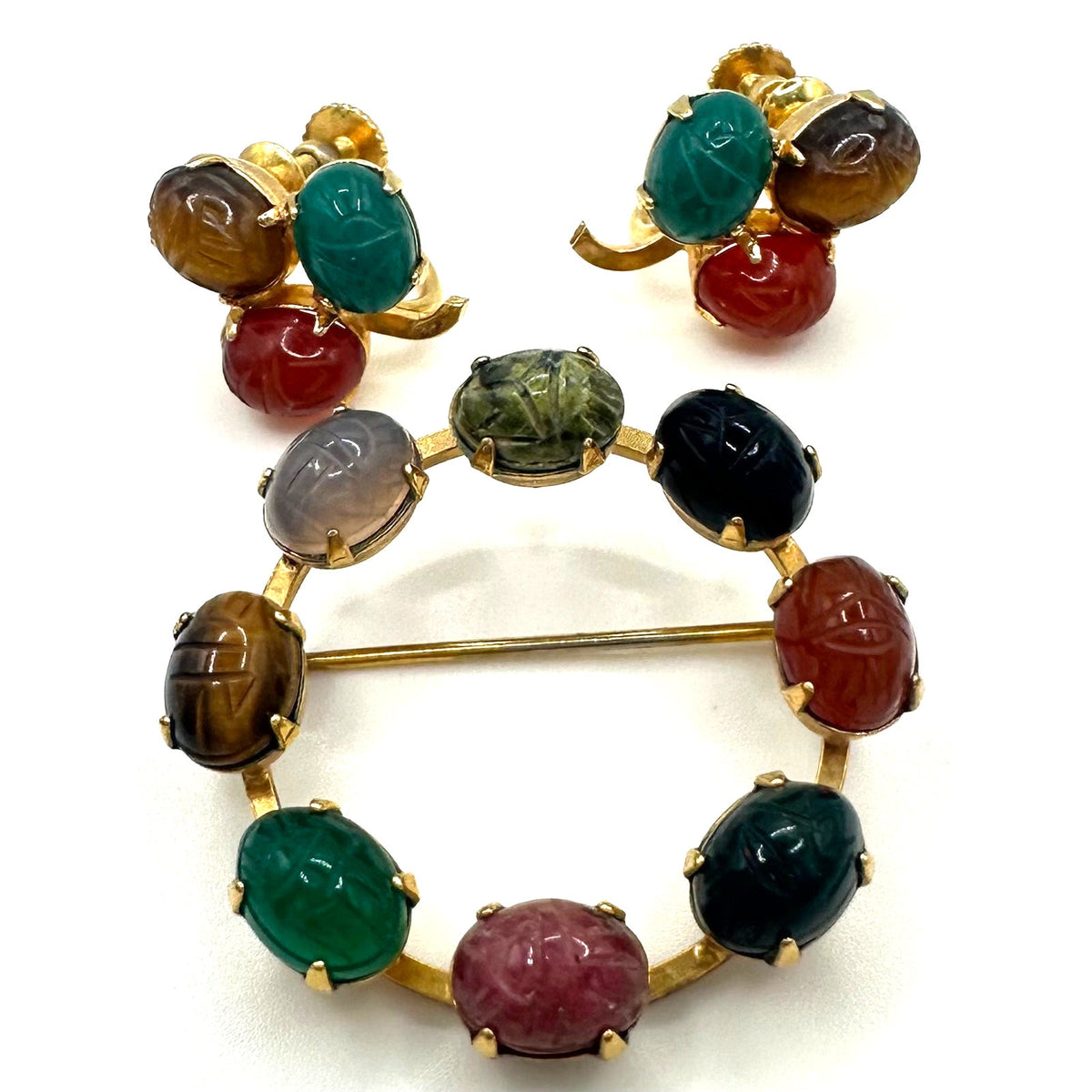 Vintage gold filled semiprecious scarab beetles screw back earrings brooch