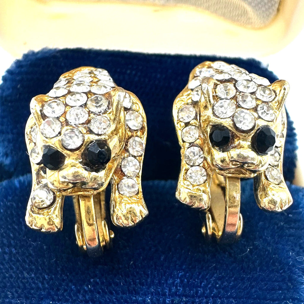 AD signed vintage gold tone clear black rhinestones big cat clip on earrings