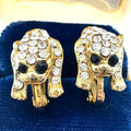AD signed vintage gold tone clear black rhinestones big cat clip on earrings
