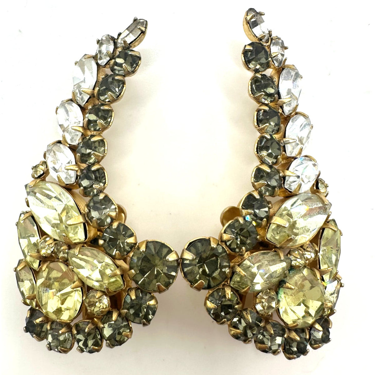 Vintage gold tone yellow smoky gray clear rhinestones crawler clip on earrings