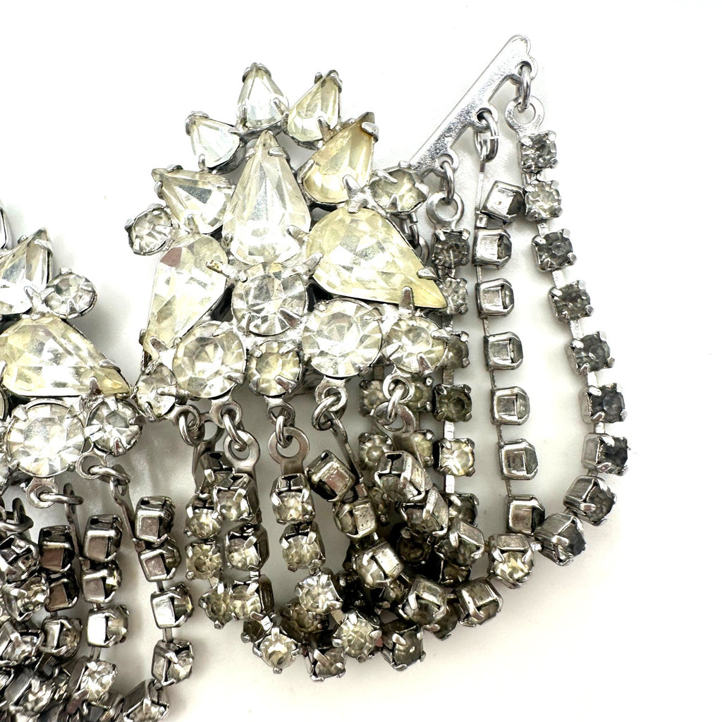 Vintage silver tone clear rhinestones swag chains fringe clip on earrings
