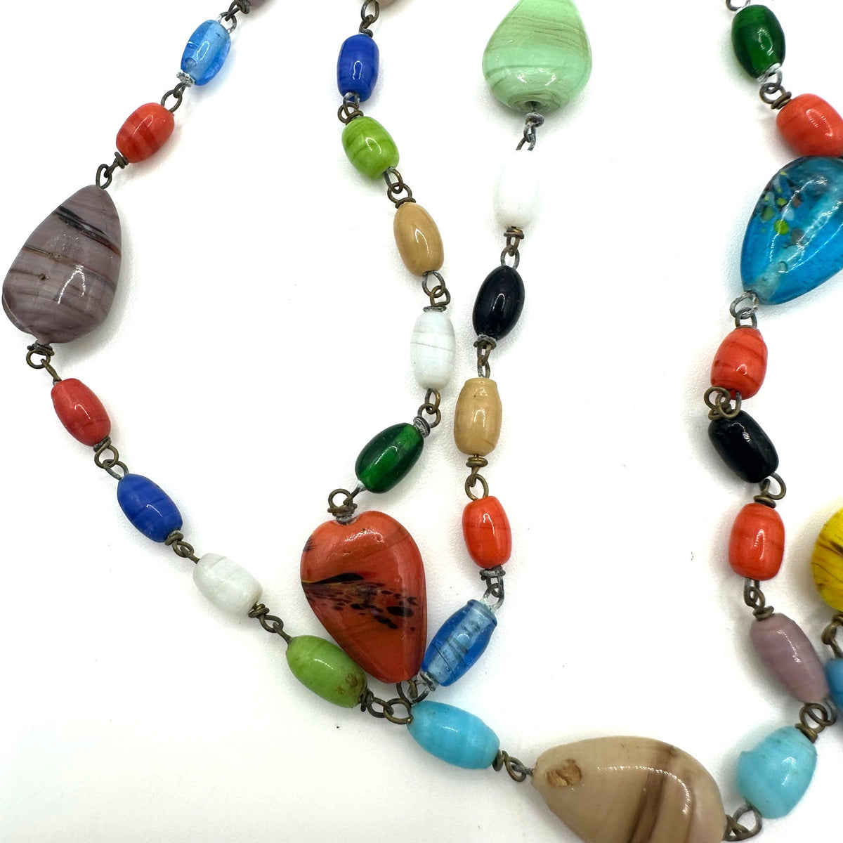 Antique Art Deco Czech art glass multicolor beads beaded brass 50" necklace