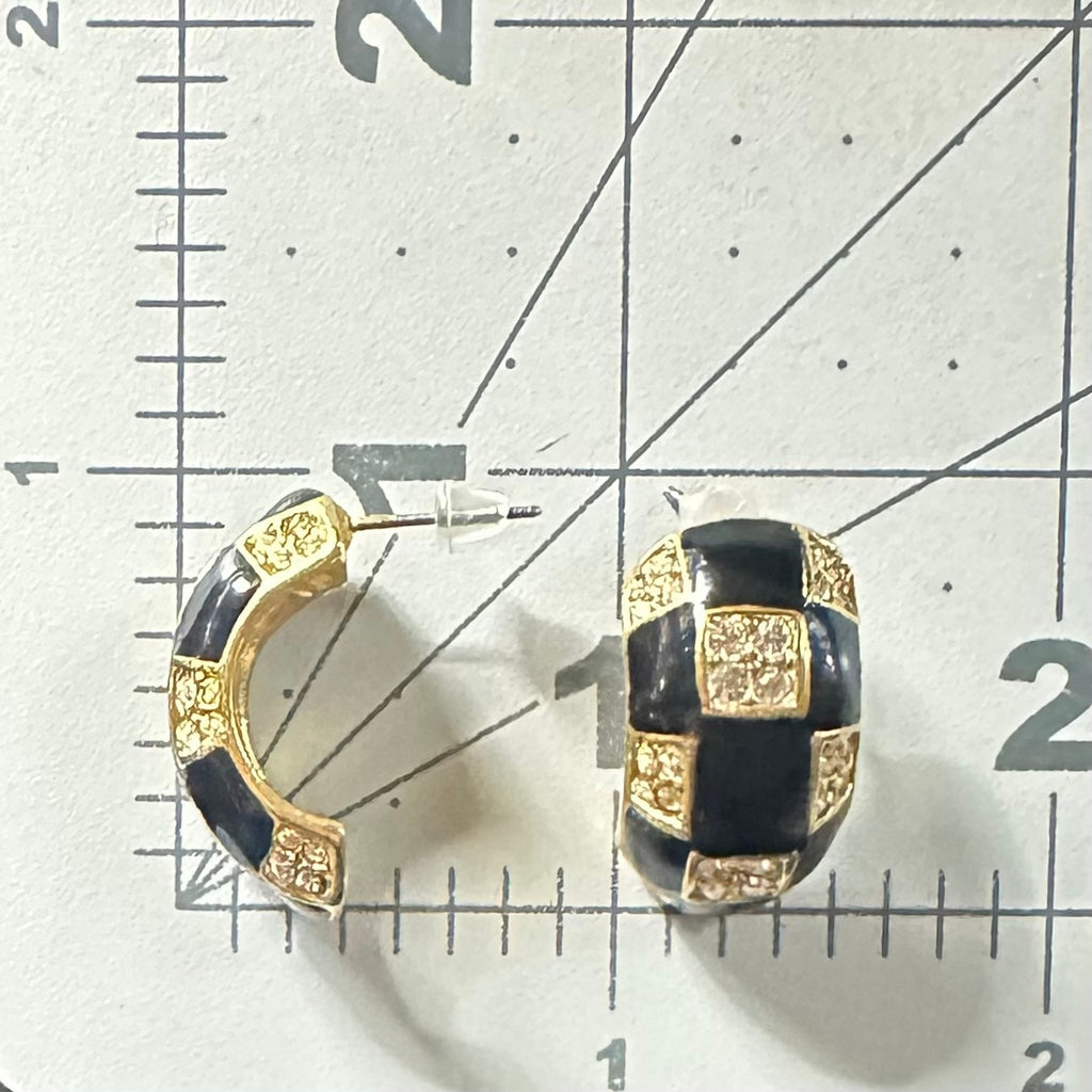 Roman vintage gold tone clear rhinestones black enamel half hoops post earrings