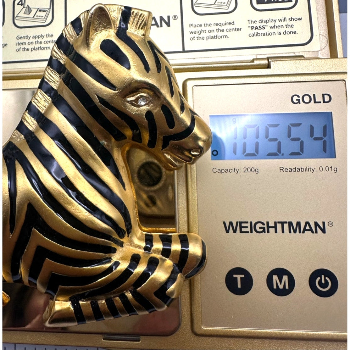 Doreen Ryan vintage massive large gold plated black enamel zebra figural brooch