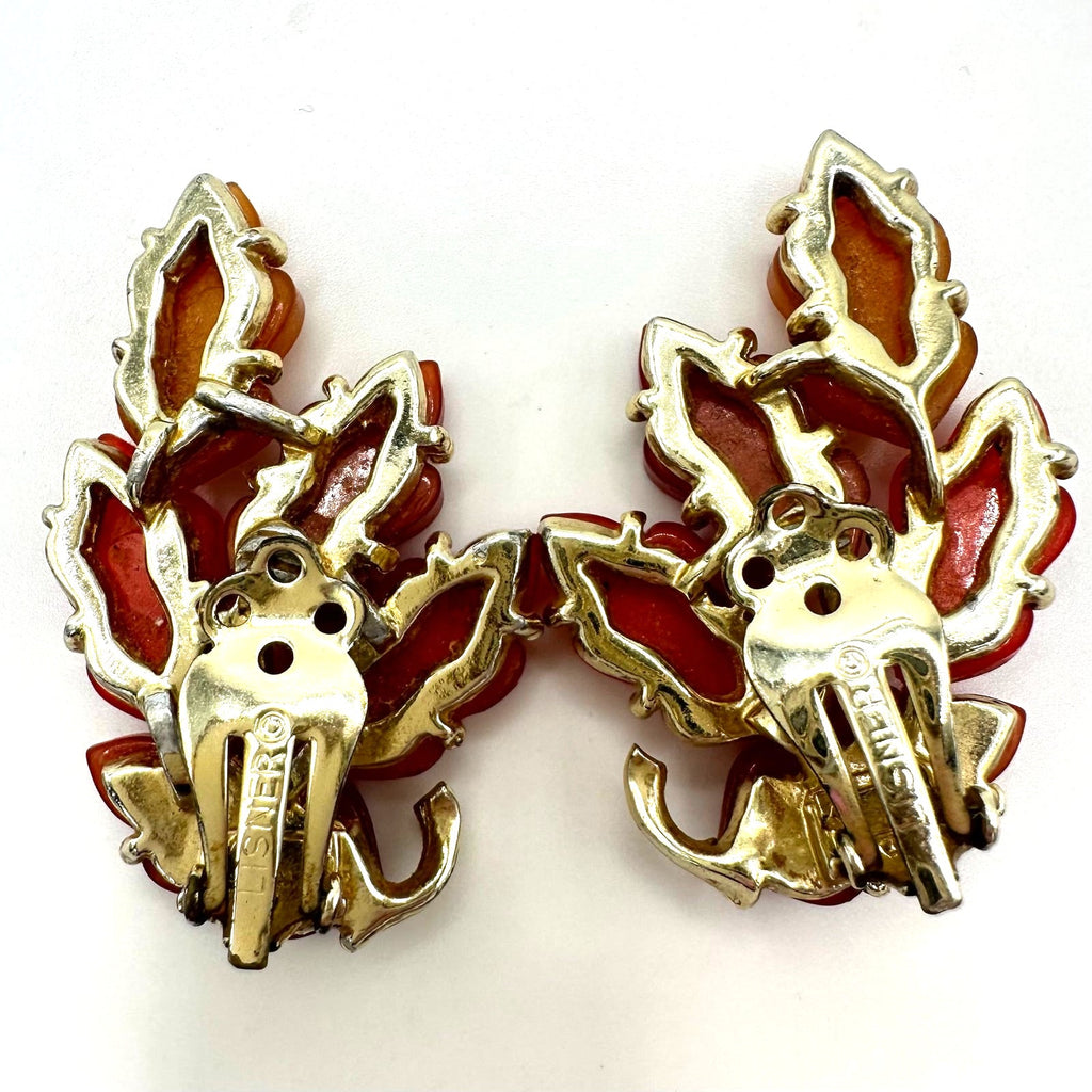 Lisner vintage gold tone red orange thermoset lucite leaf clip on earrings