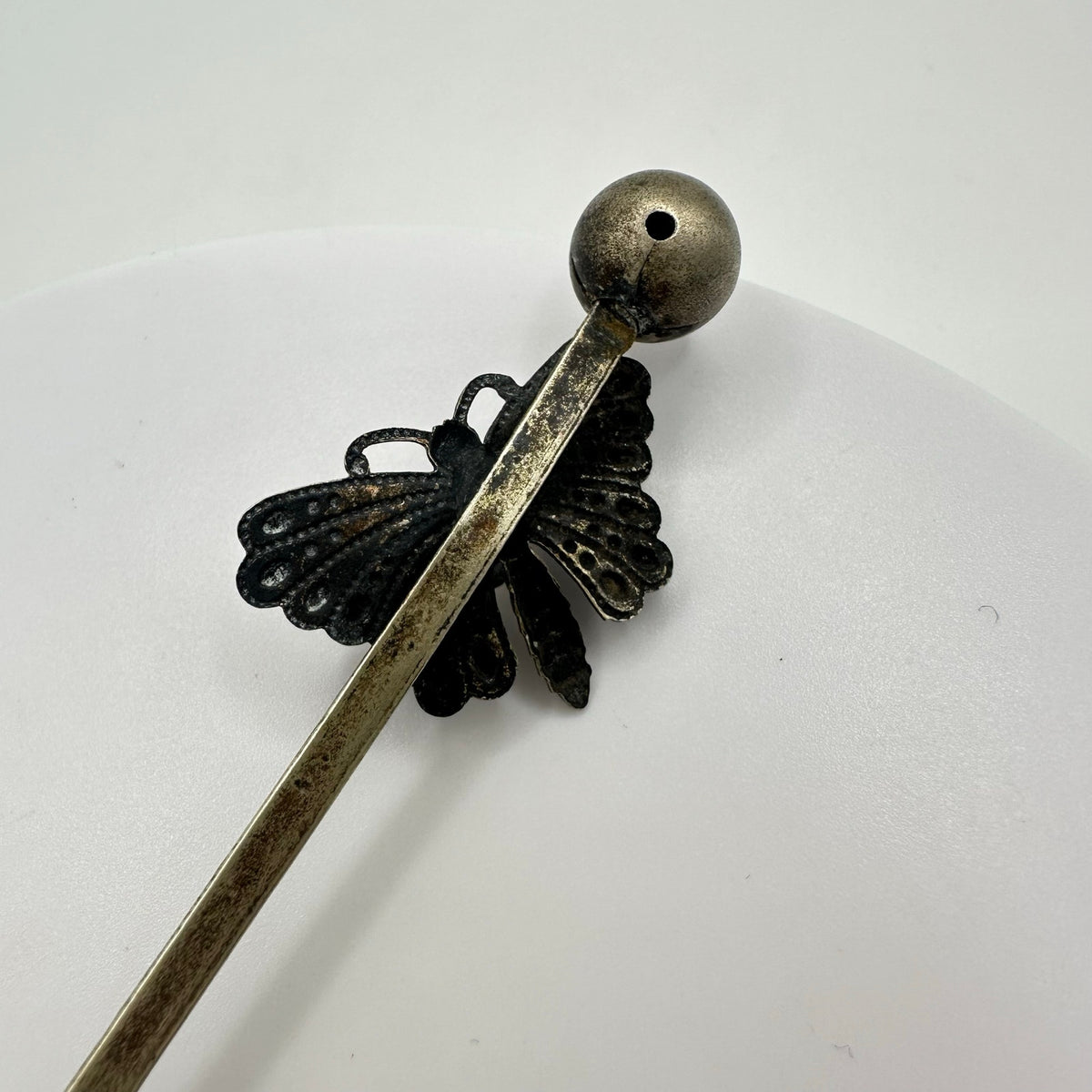 Antique Victorian silver tone textured butterfly clear paste gemstone stick pin