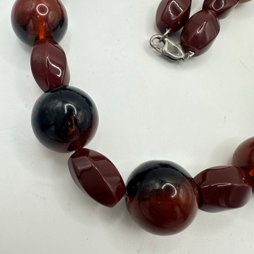 Handmade black brown heavy speckled glass beads beaded sterling clasp necklace