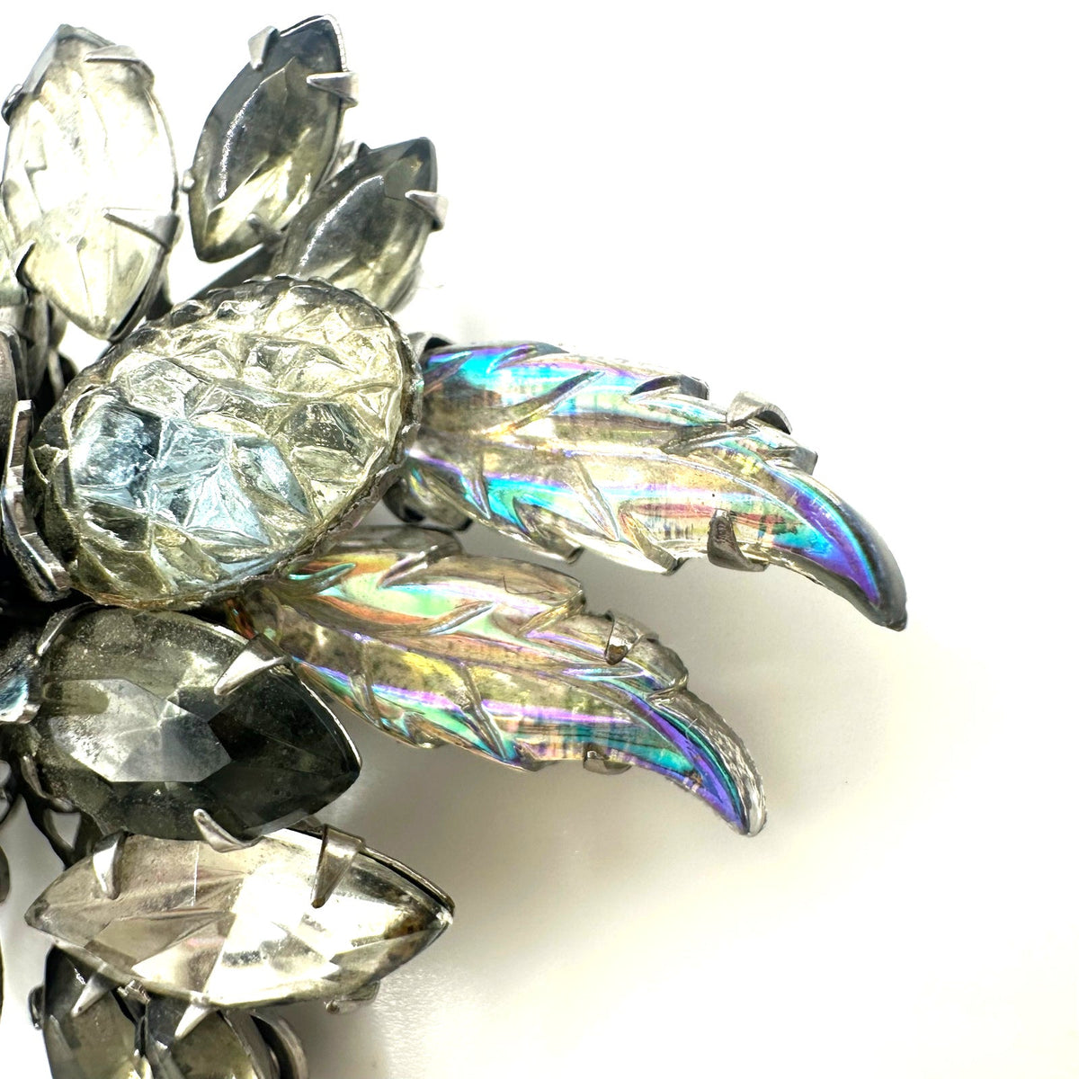 Judy Lee vintage silver tone clear gray molded glass AB rhinestones brooch