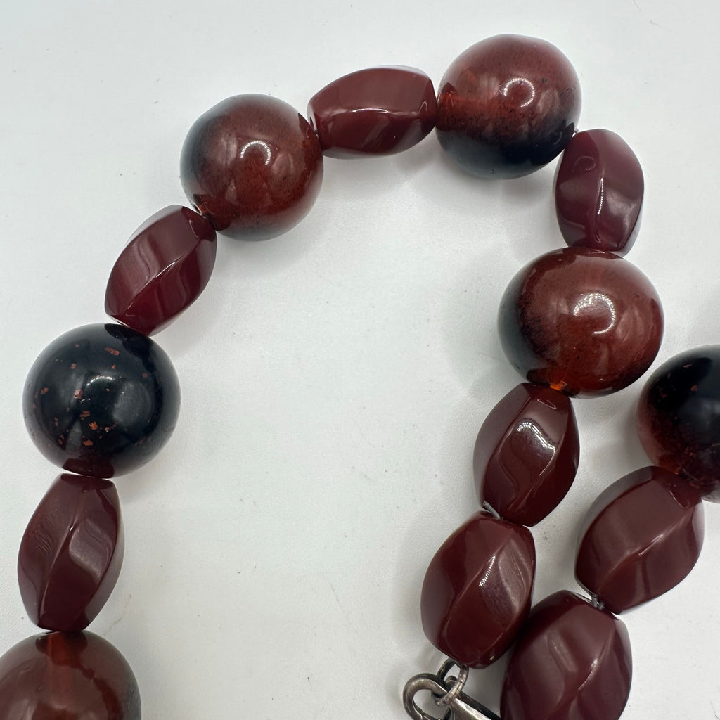 Handmade black brown heavy speckled glass beads beaded sterling clasp necklace