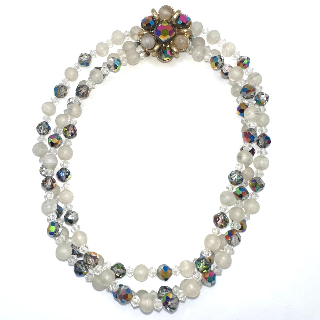 Vintage 3 strand watermelon AB aurora borealis white art glass beaded necklace