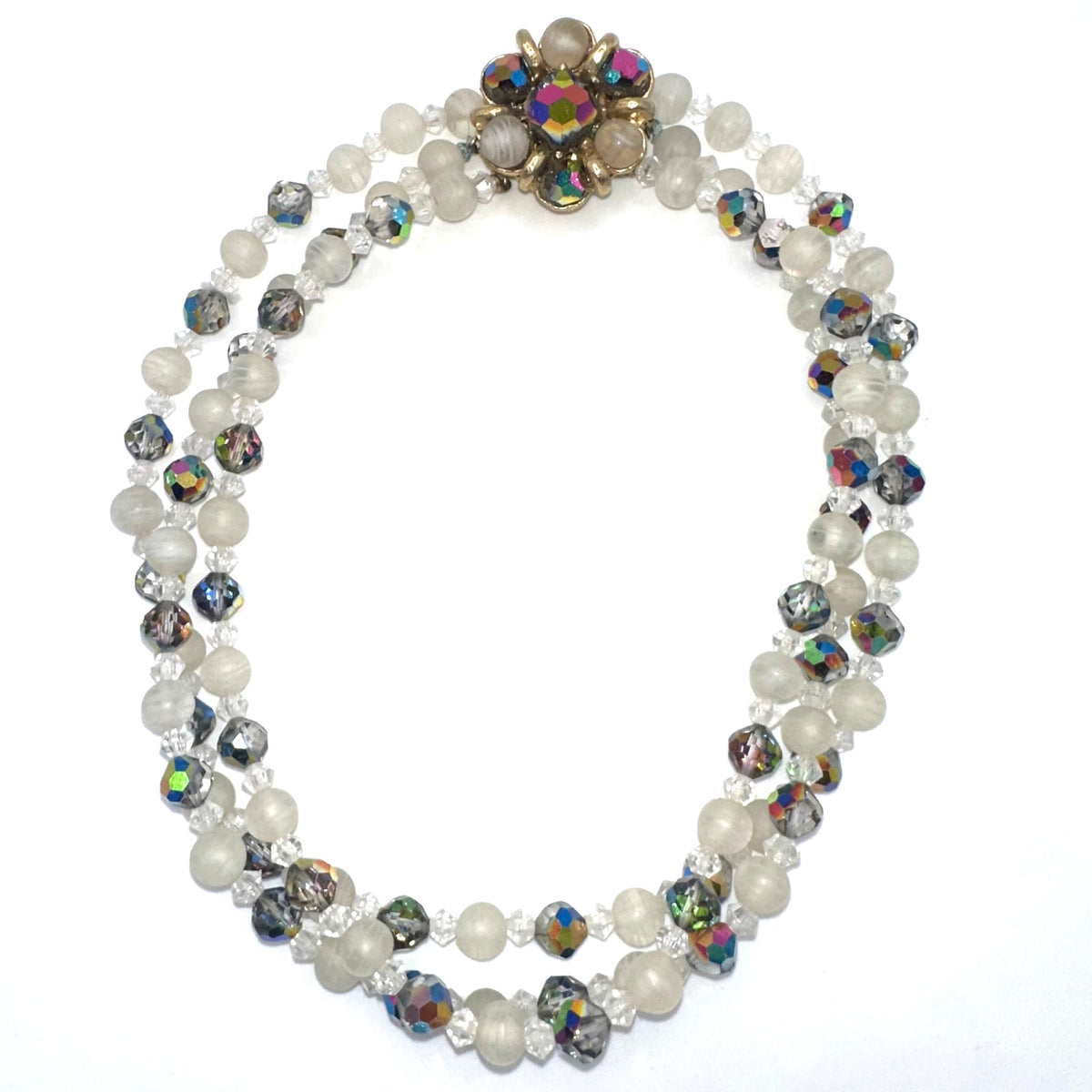 Vintage 3 strand watermelon AB aurora borealis white art glass beaded necklace