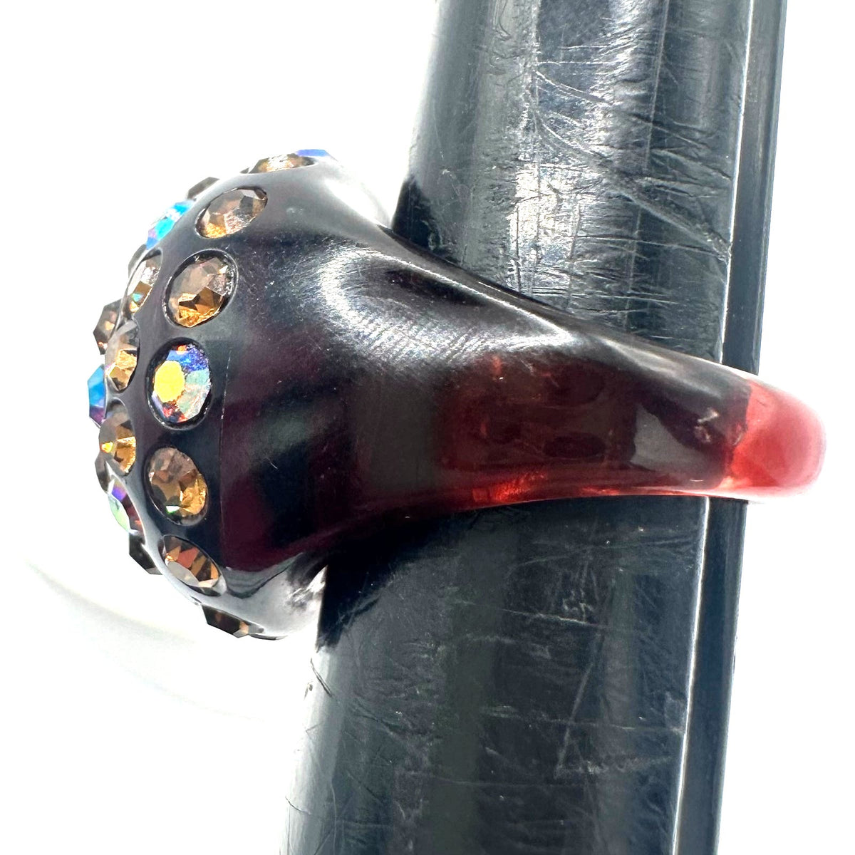 Vintage black cherry red lucite brown root beer AB rhinestones domed ring 6.5