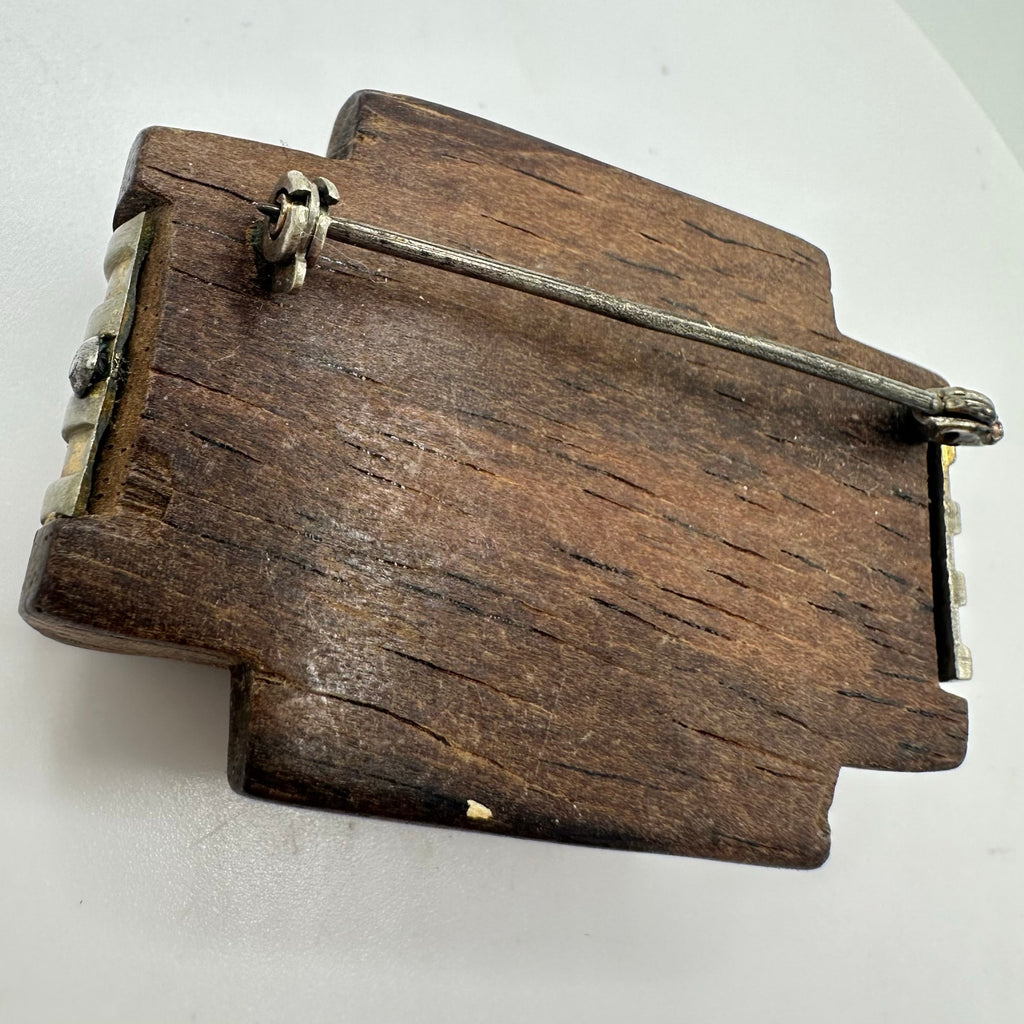 Antique Art Deco 1930s polished brown woodgrain wood silver tone brooch