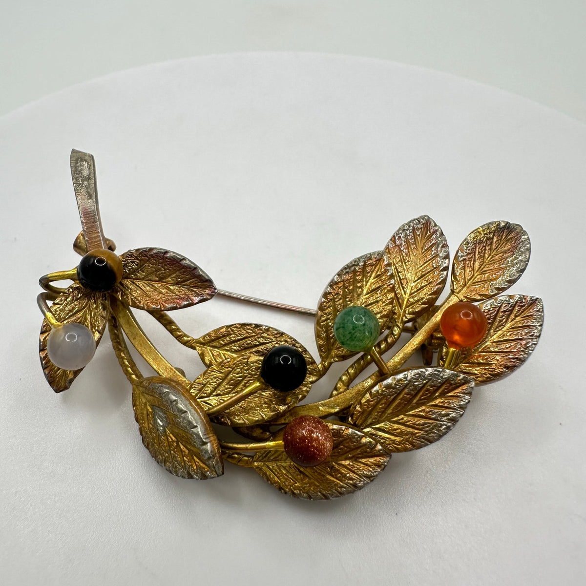 Vintage gold plated multicolor all semiprecious beads beaded leaf brooch pin