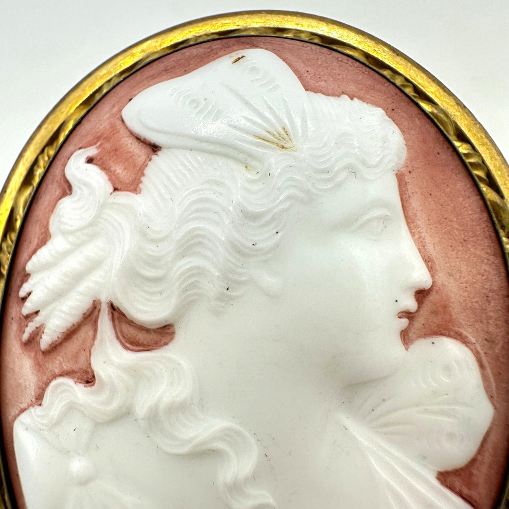 Antique Art Deco 1920s massive white pink porcelain cameo gold tone brooch