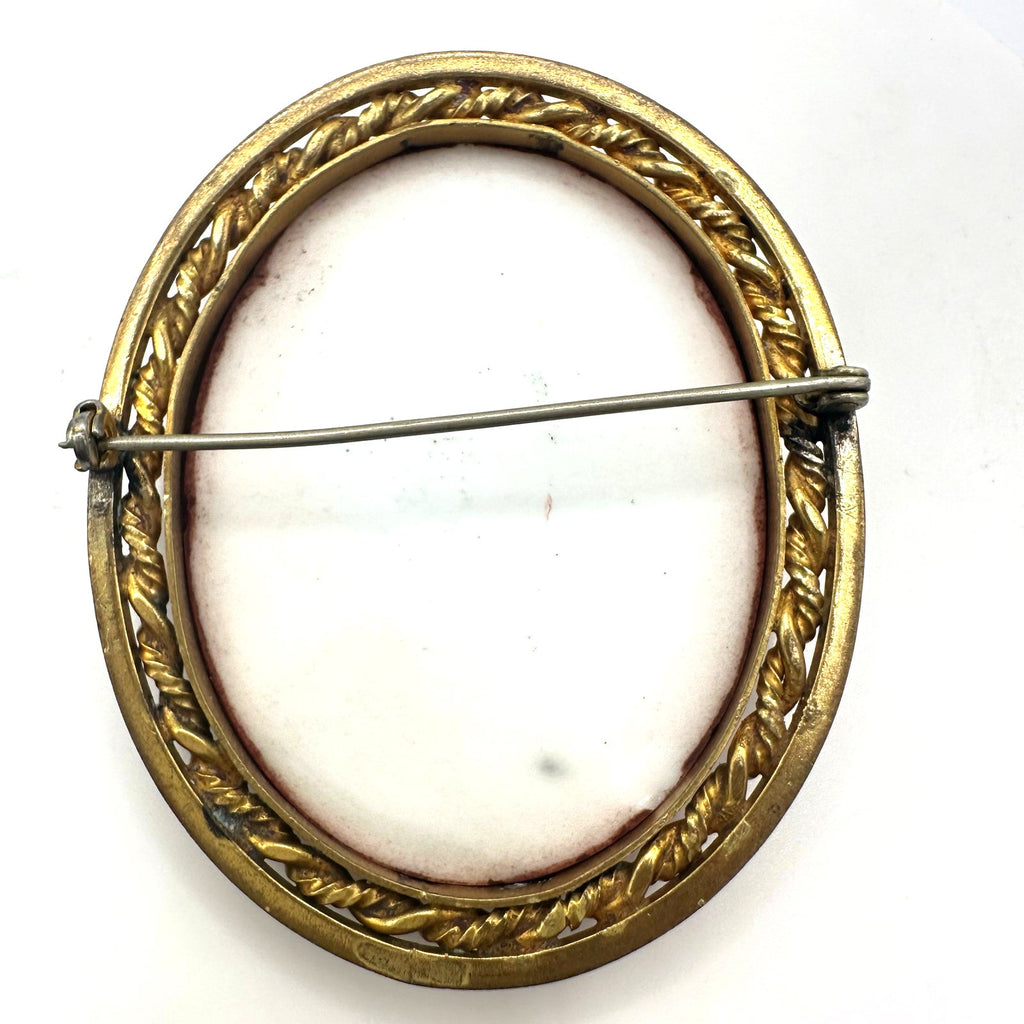 Antique Art Deco 1920s massive white pink porcelain cameo gold tone brooch