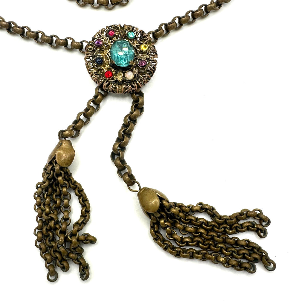 Antique Art Deco gold tone brass Czech glass rhinestones slider tassel necklace