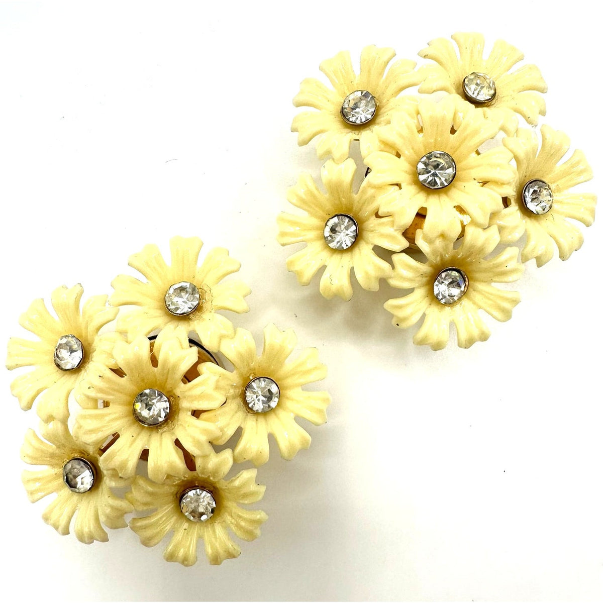 Coro Magic vintage magnetic celluloid flowers rhinestone earrings brooches