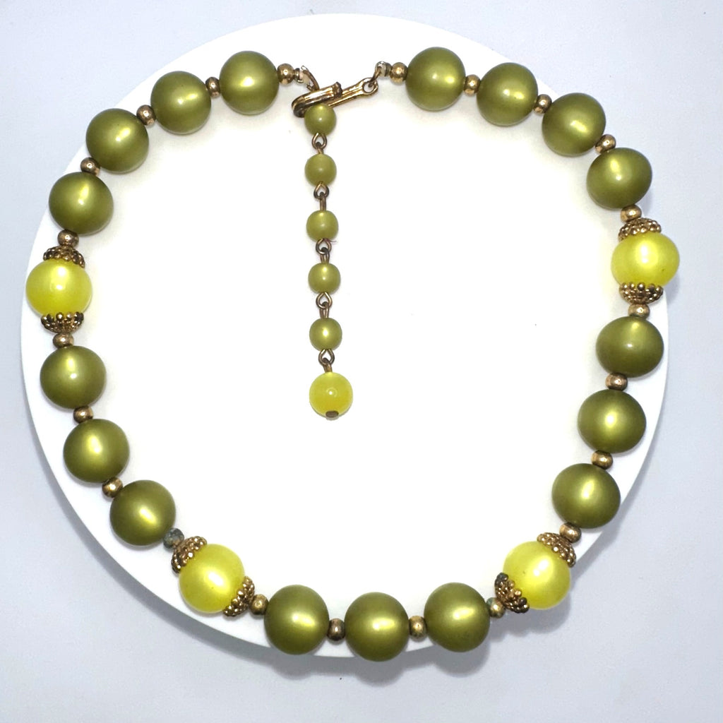 Vintage gold tone olive green neon yellow moonglow lucite beaded necklace