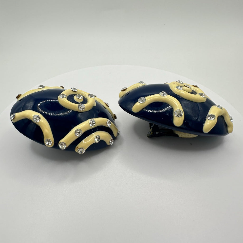 1980s vintage navy blue enamel cream rhinestones statement clip on earrings