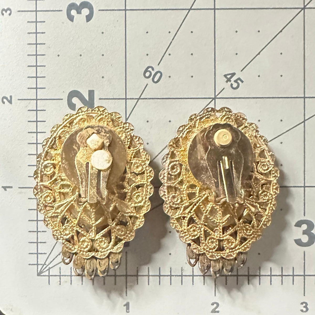 1950s vintage gold tone filigree black rhinestones chalcedony clip on earrings