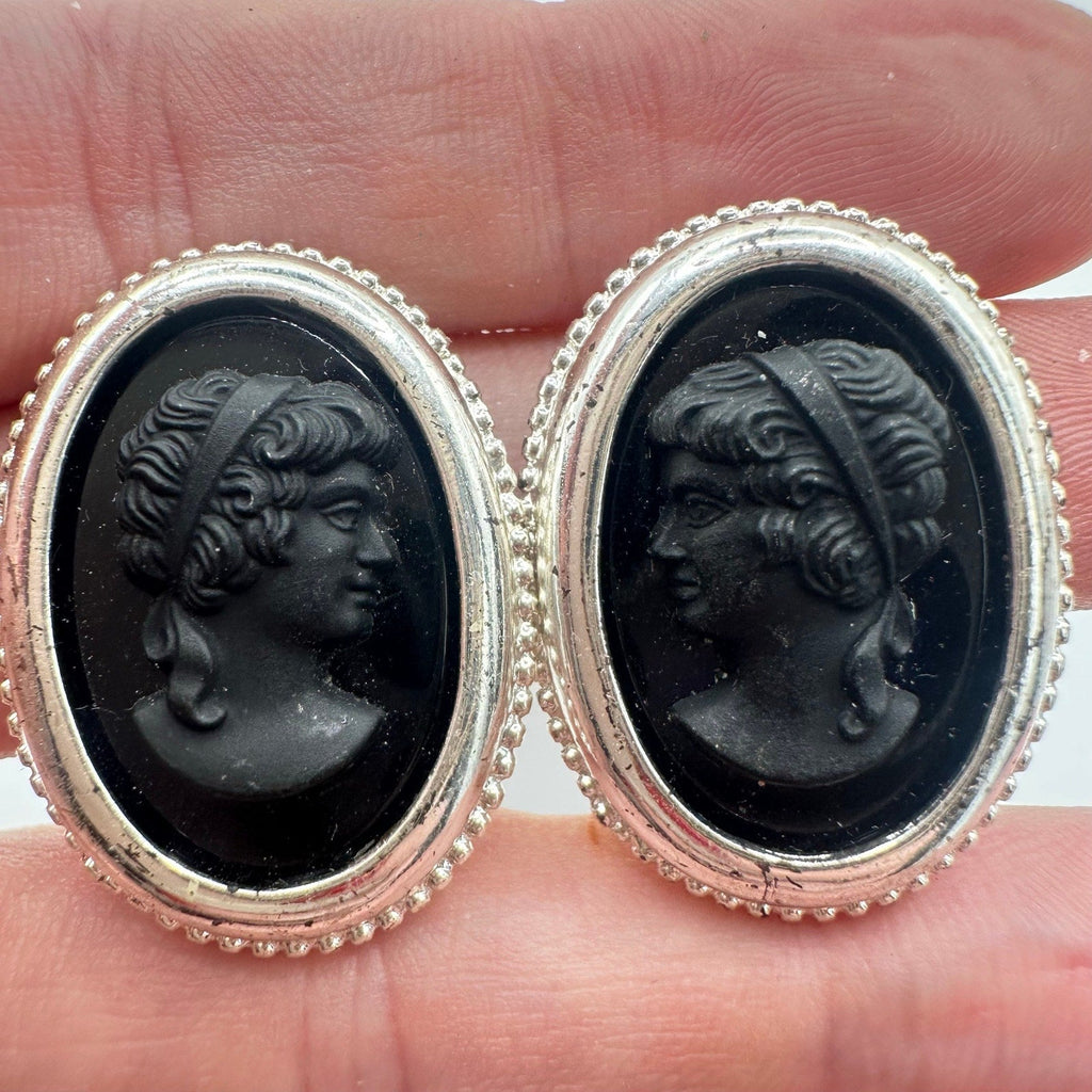 Vintage silver tone oval black glass mirrored cameos clip on earrings
