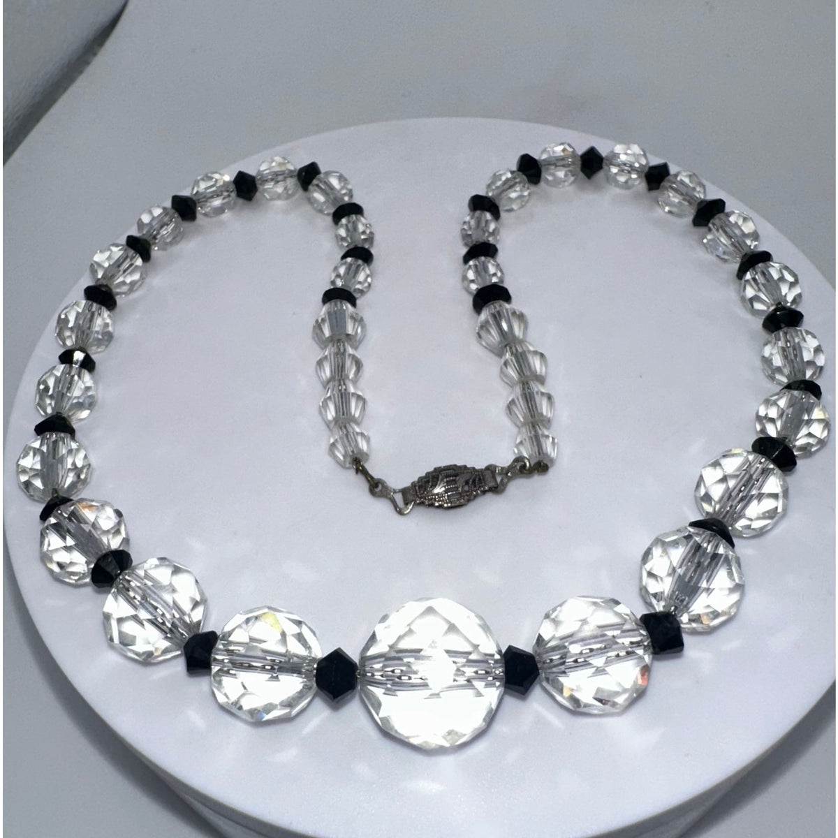 Antique Art Deco 1930s clear black Czech glass beads beaded graduated necklace