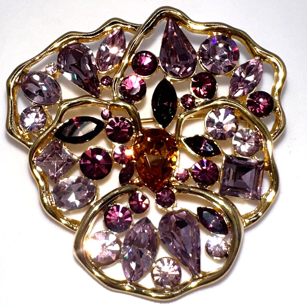 Nolan Miller vintage gold tone purple topaz rhinestones pansy flower brooch