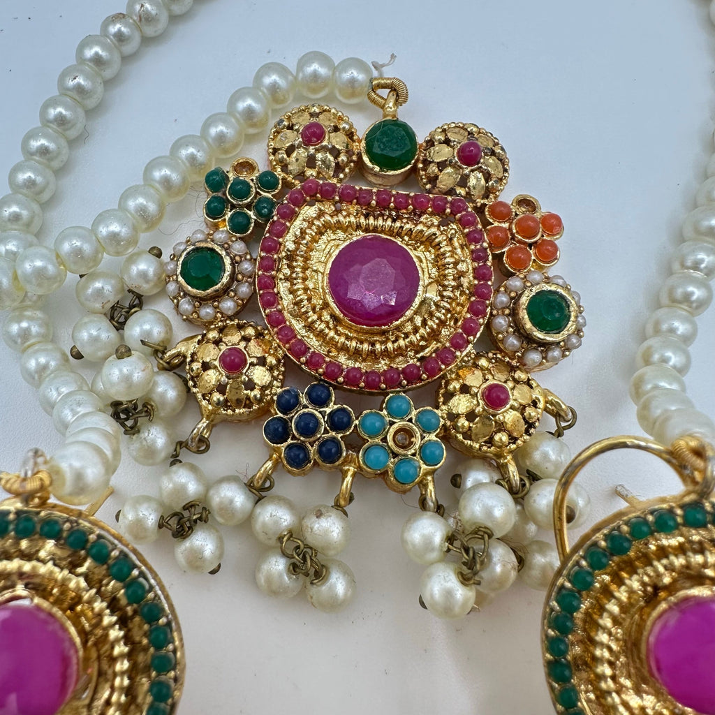 Indian gold kundan pearl gems necklace earrings maang tikka full mala set