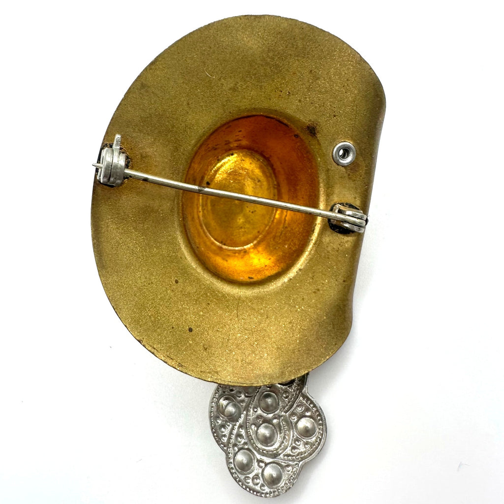 Vintage gold tone brass pot metal silver gold tone Spanish feather hat brooch
