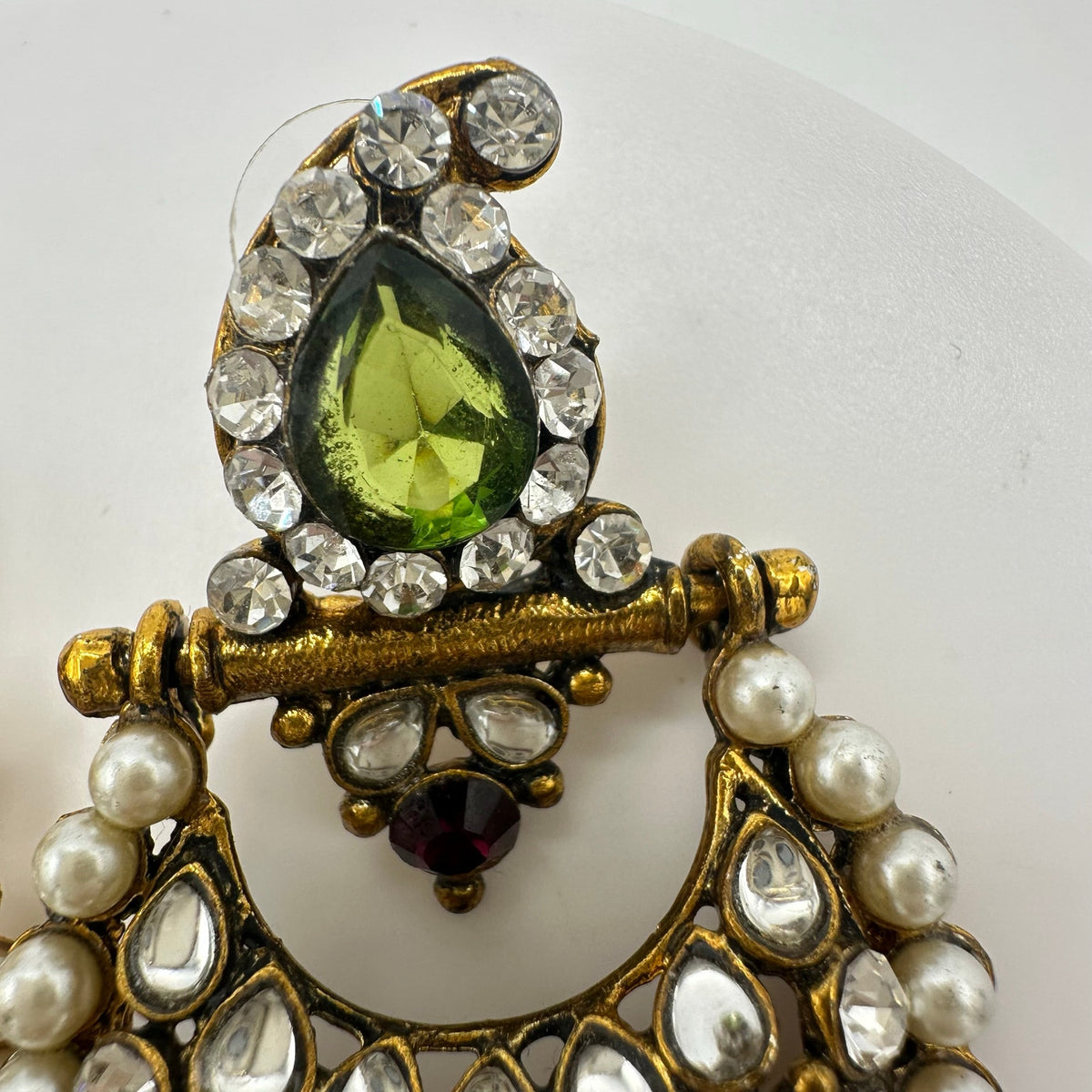 Indian Bridal gold kundan green purple glass rhinestones faux pearl earrings
