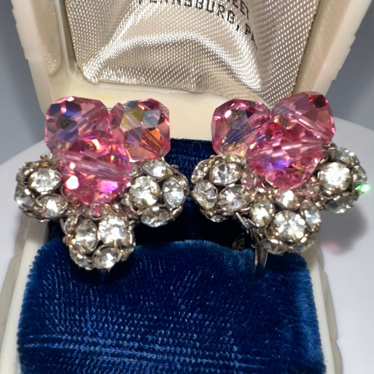 1950s vintage silver tone pink AB glass rhinestones beaded clip on earrings