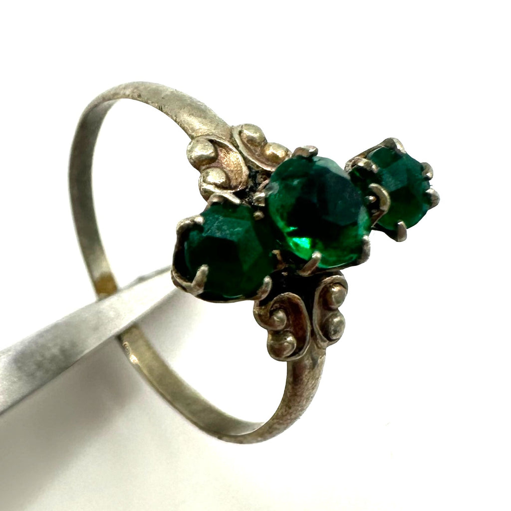 Antique Art Deco 1920s silver tone green Czech glass rhinestones ring 6.5