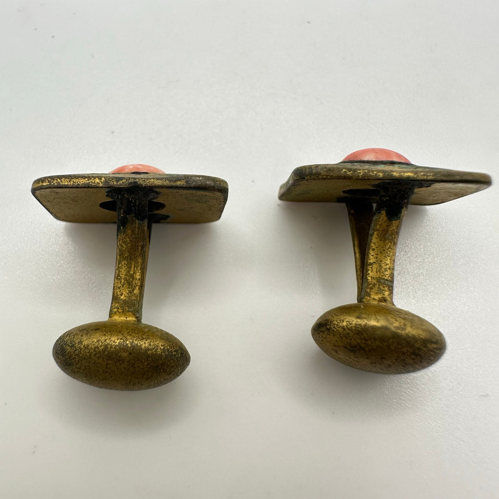 Antique Victorian Arts & Crafts gold tone peach art glass bean back cufflinks