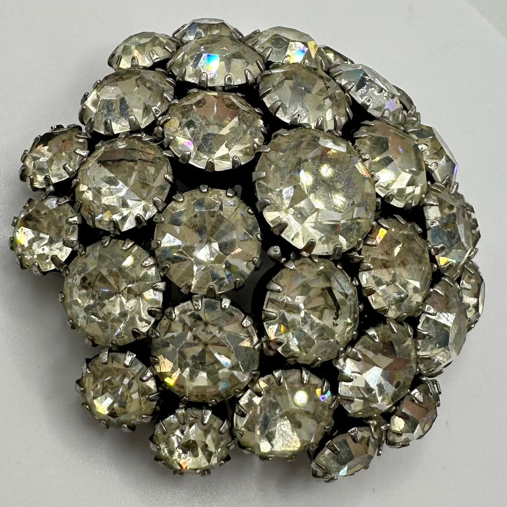 1950s vintage silver tone clear rhinestones sawtooth prong round domed 3D brooch