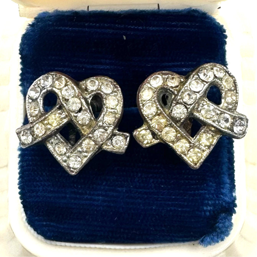 Little Nemo antique Art Deco rhinestones silver tone hearts screw back earrings