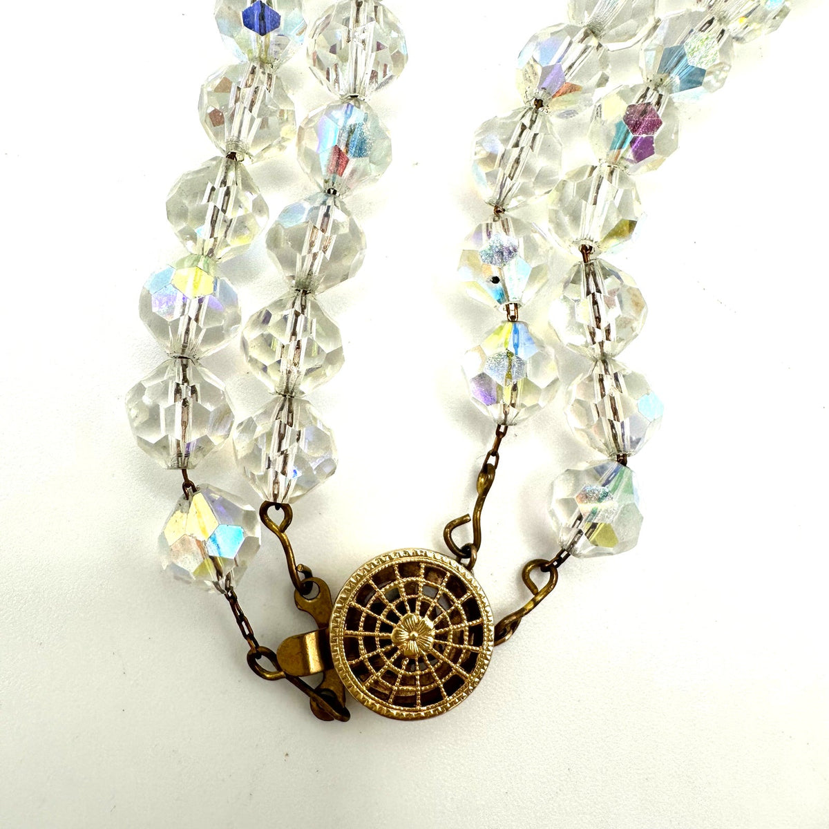 Vintage 2 double strand clear faceted glass aurora borealis AB beaded necklace