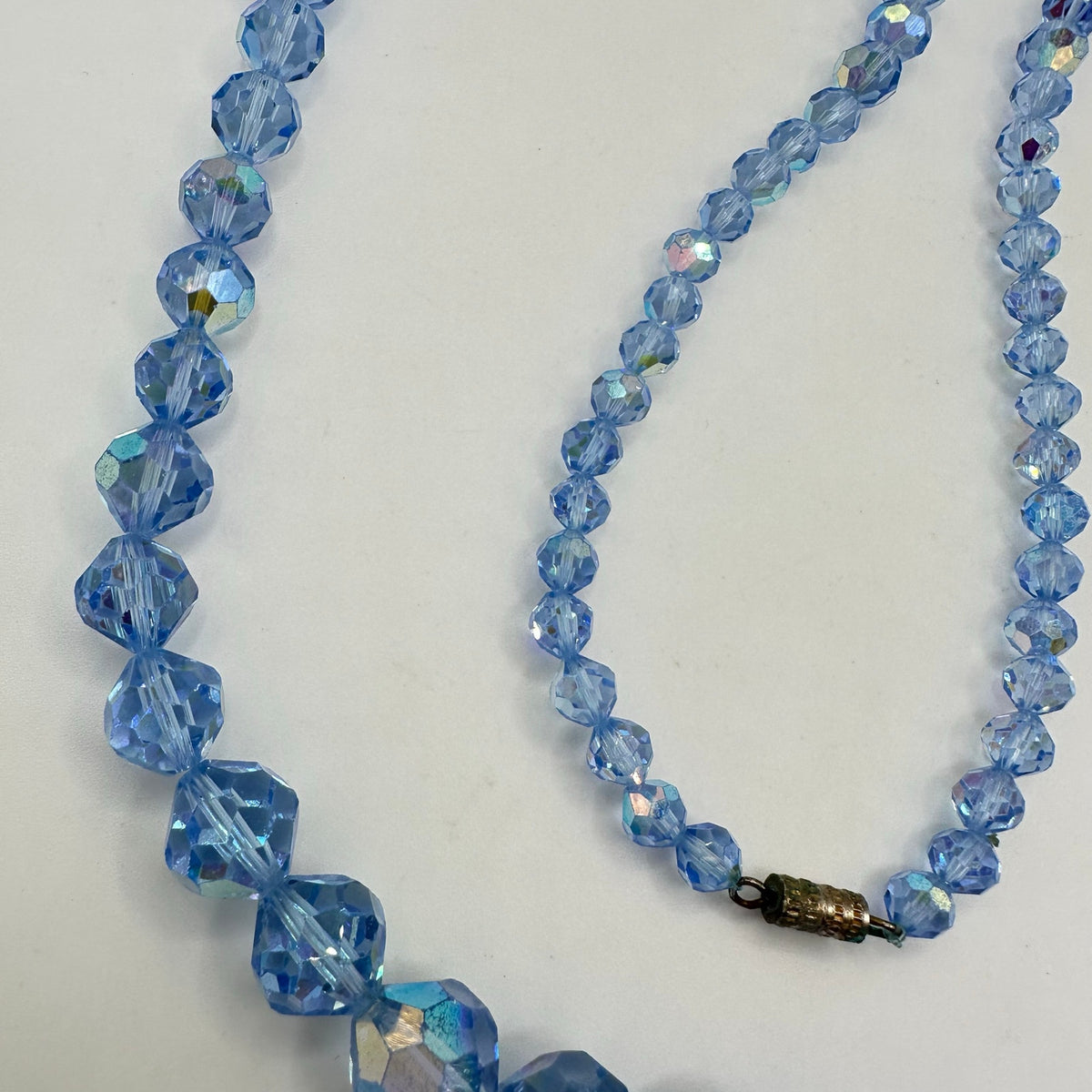 Vintage 1950s light blue AB glass beads beaded 28” graduated necklace