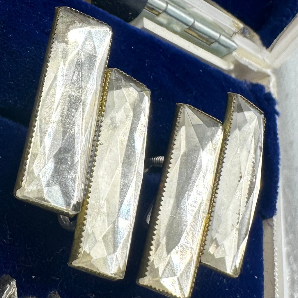 Antique Art Deco 1920s brass Czech glass sterling silver screw back earrings