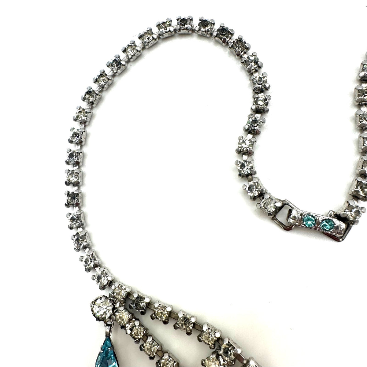 1940s 1950s vintage silver tone clear blue glass rhinestones drops swag necklace