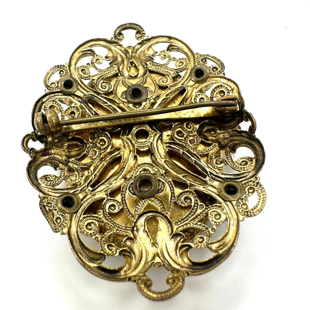 West Germany vintage gold tone floral portrait purple enamel rhinestones brooch