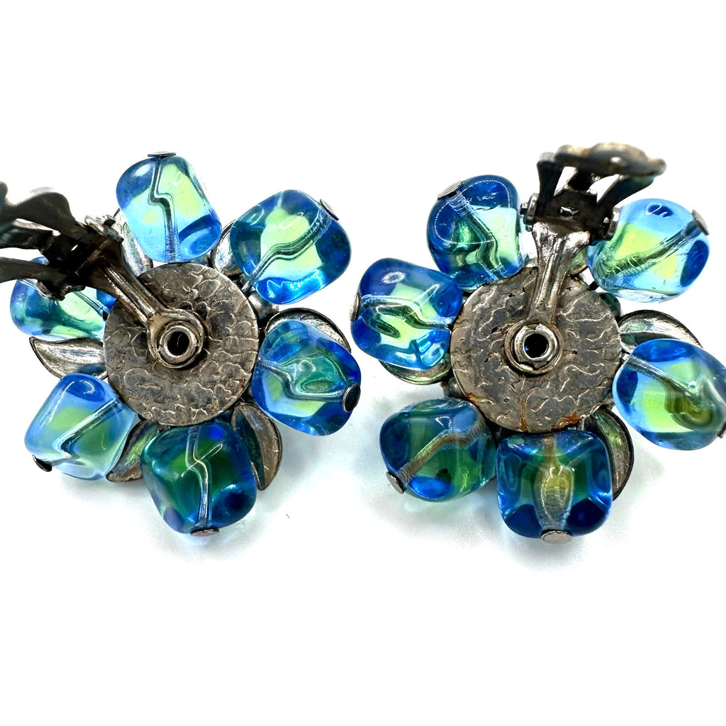 Vintage silver tone blue green givré uranium glass rhinestones clip on earrings